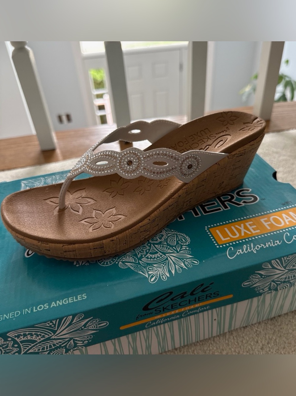 Skechers White Beaded Cork-Look Wedge Thong Sandals